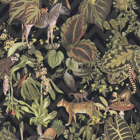 Papier peint tropical motif feuilles & animaux Tapisserie exotique noire & verte pour chambre Papier peint intissé multicolore vintage