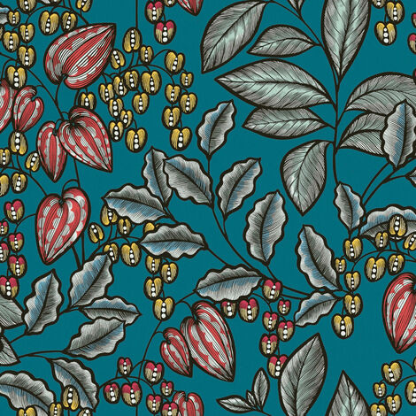 Papier peint tropical motif fleur & feuille Tapisserie verte rétro avec feuille Papier peint élégant bleu canard, rouge et jaune