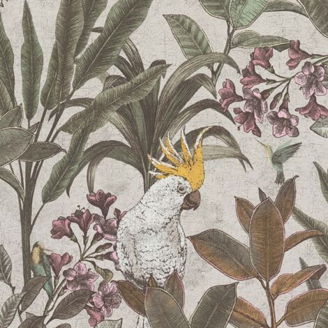Papier peint tropical, perroquet, colibri, plante, fond crème beige  B397484