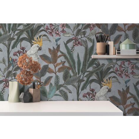 Papier peint tropical, perroquet, colibri, plante, fond gris  B397483