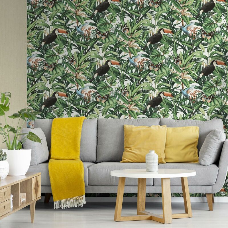 Papier peint tropical vert moderne | Tapisserie exotique salon tendance | Papier peint jungle oiseaux idéal salon & chambre ado
