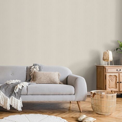 Papier peint uni beige crème strié fines rayures | Tapisserie beige striée salon & chambre adulte | Papier peint intissé couloir & bureau