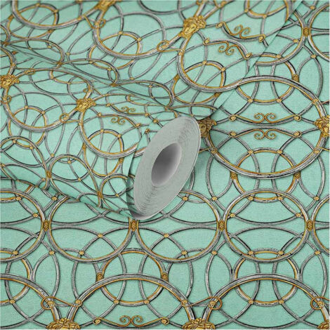 Papier peint vert Art déco avec cercles dorés Tapisserie motif Médusa pour couloir Papier peint chic pour salon & chambre