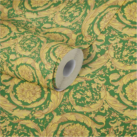 Papier peint vert & doré Tapisserie baroque idéale pour chambre adulte & salon chic Papiers peints motif floral baroque