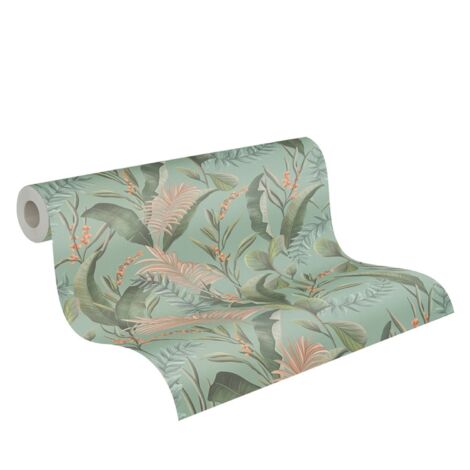 Papier peint vert nature sur fond bleu Tapisserie feuillages plantes style tropical Papier peint floral orange idéal bureau et cuisine