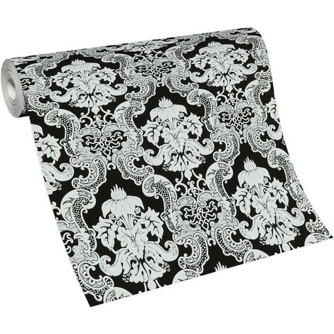 Papier peint vintage à motif noir & blanc  Tapisserie baroque chic pour chambre adulte  Papier peint rétro damassé blanc