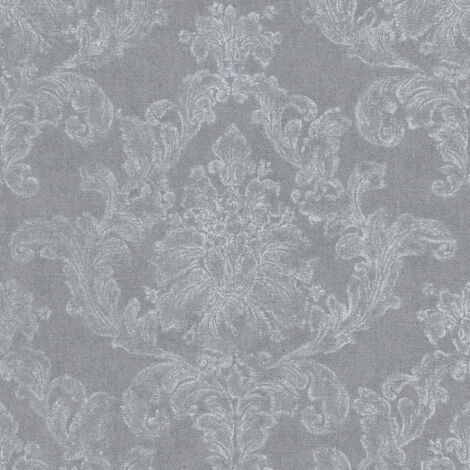 Papier peint vintage avec ornement pour chambre adulte Tapisserie intissée grise avec motif baroque Papier peint rétro gris effet usé
