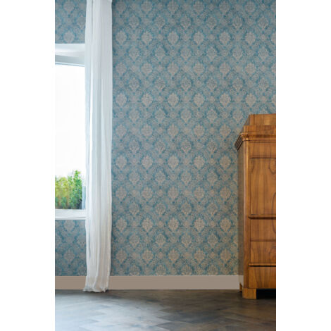 Papier peint vintage bleu turquoise & or pour salon Tapisserie à motif baroque dorée Papier peint élégant bleu avec ornements