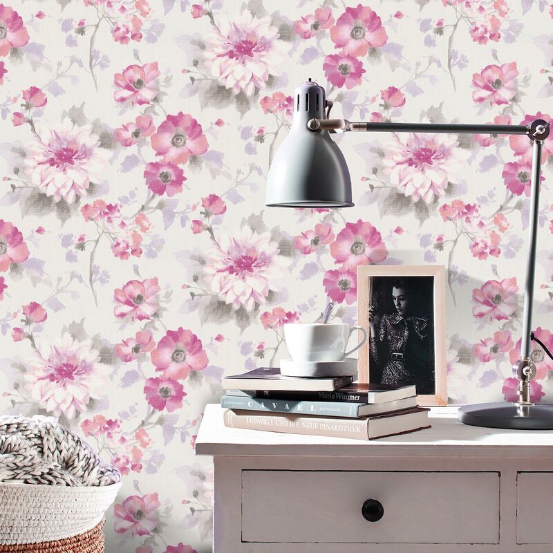 Papier peint vintage fleuri rose & blanc | Tapisserie Shabby Chic motif floral blanche & rose | Papier peint intissé floral chambre & salon