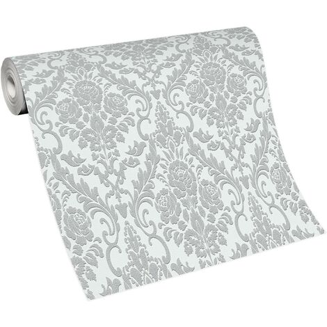 Papier peint vintage gris à motif fleuri  Tapisserie pour salon à motif baroque  Papier peint gris & blanc style rococo