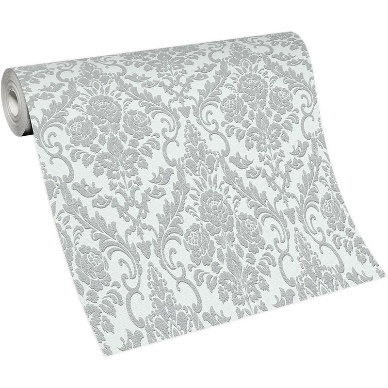 Papier peint vintage gris à motif fleuri Tapisserie pour salon à motif baroque Papier peint gris & blanc style rococo