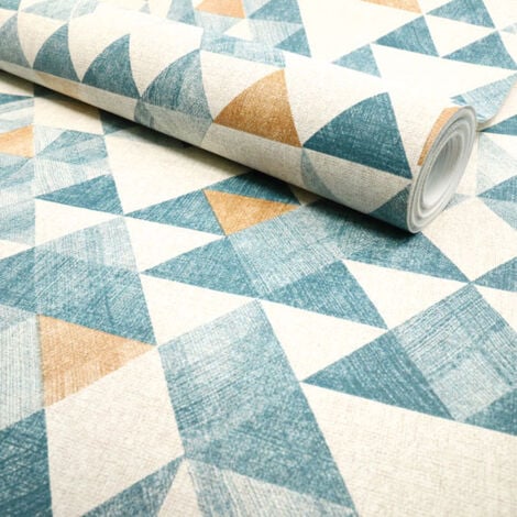 Papier peint vinyle sur intissé - Rétro - Crème motif triangle bleu et or - Rouleau(x)