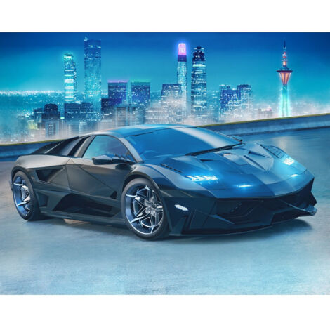Papier peint Voiture de course noire et gratte-ciels - Walltastic 305x244 cm
