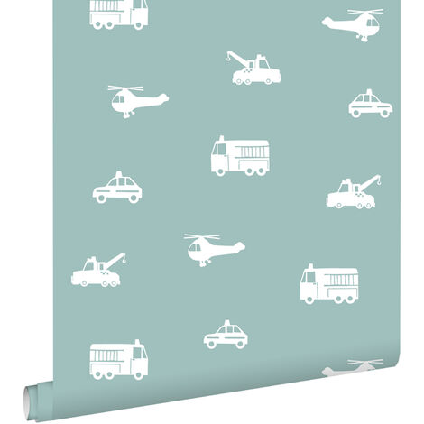 papier peint voitures, camions de pompiers, hélicoptères et grues bleu gris - ESTAhome