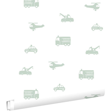 papier peint voitures, camions de pompiers, hélicoptères et grues vert menthe sur blanc - ESTAhome