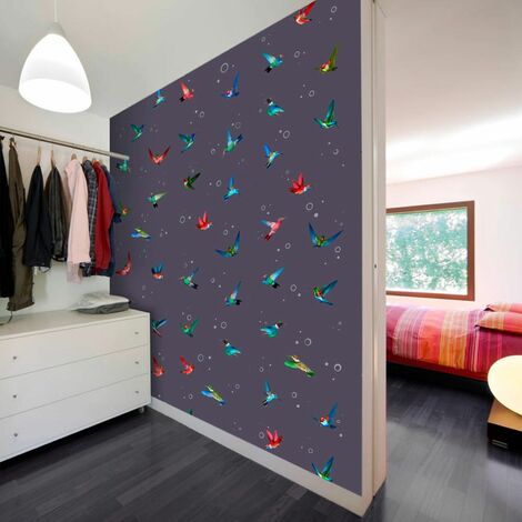 Papier peint vol de colibris - 50 x 1000 cm - Multicolore et Gris