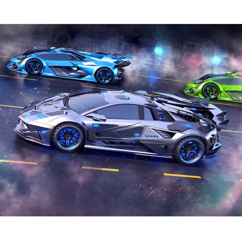 Papier peint Walltastic 3 voitures de course grise bleue et verte en pleine course 305x244 cm