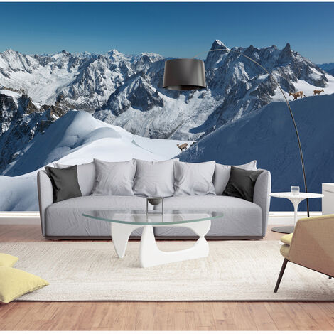 Papier peint XXL intissé 270 cm X 250 cm - Effet trompe l'oeil vue sur montagne enneigée - Décor panoramique crête montagne.