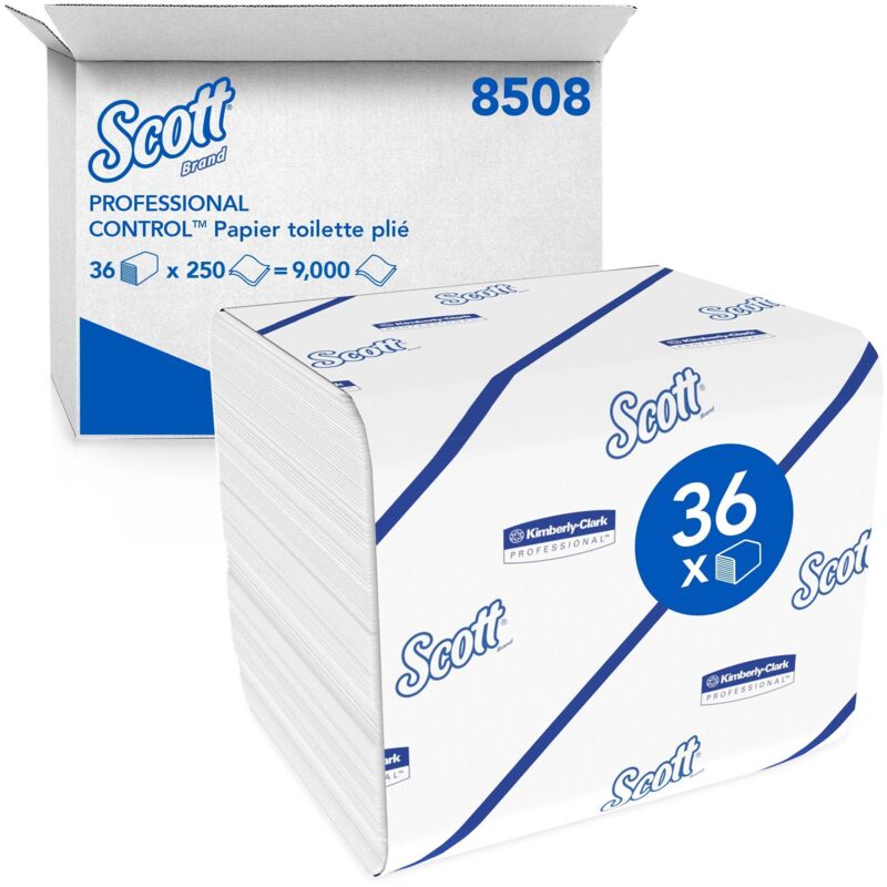 Papier toilette plié Scott Control 8508 - 2 plis - 36 paquets x 250 feuilles blanches (9 000 feuilles au total)