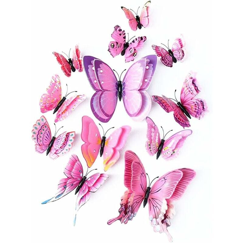 Papillon artificiel à double ailes 3D, décoration de mariage/fête/maison 12 pièces (Rose) Fei Yu