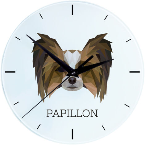 Papillon, Continental Spaniel - geometrische Wanduhr mit Foto und Aufschrift von Art-Dog