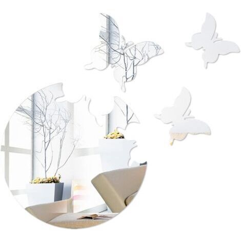 Papillon Miroir Autocollants Rond Auto-Adhésif Mur 3D Autocollants Acrylique Amovible Décoration Murale pour Maison Mariage Salon Chambre 10.6x11.8 Pouces Ruban
