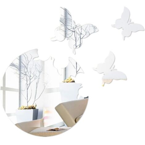Papillon Miroir Autocollants Rond Auto-Adhésif Mur 3D Autocollants Acrylique Amovible Décoration Murale pour Maison Mariage Salon Chambre 10.6x11.8 Pouces Ruban