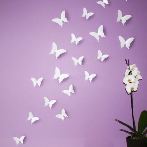 Papillons 3D pour décoration murale, lot de 12, blanc