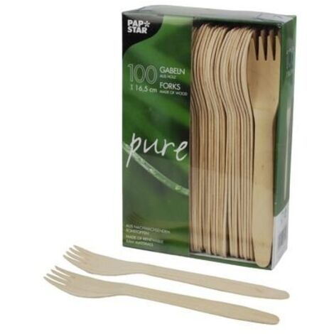 Papstar 100 Gabeln Holz Pure Einweggabel Besteck Pommes Fork 16,5cm Gabel, Legno, 1-Confezione, unità