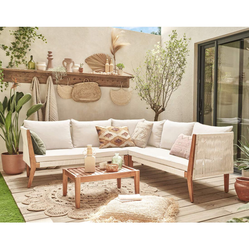 Bestmobilier - Papua - salon bas de jardin 5 places - bois, corde et coussins beiges