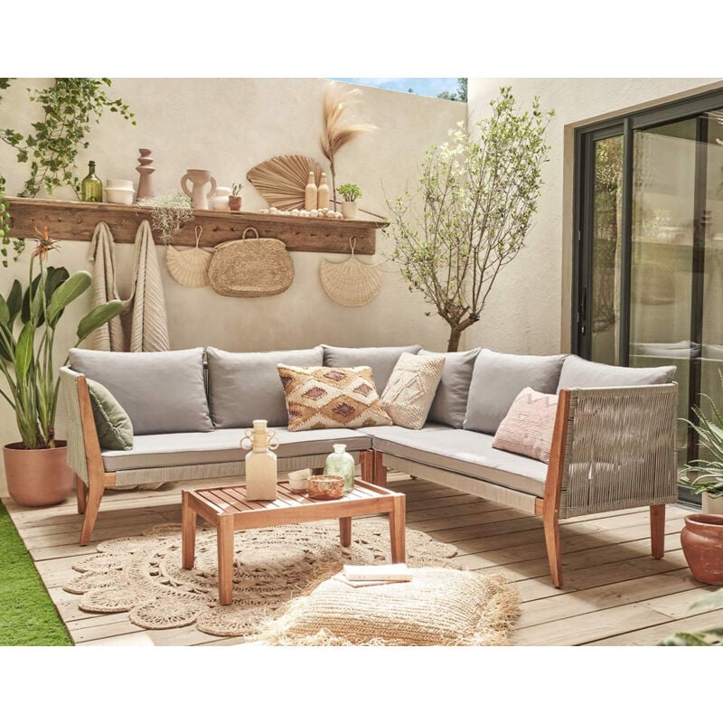 Papua - salon bas de jardin 5 places - bois, corde et coussins gris - bois / gris