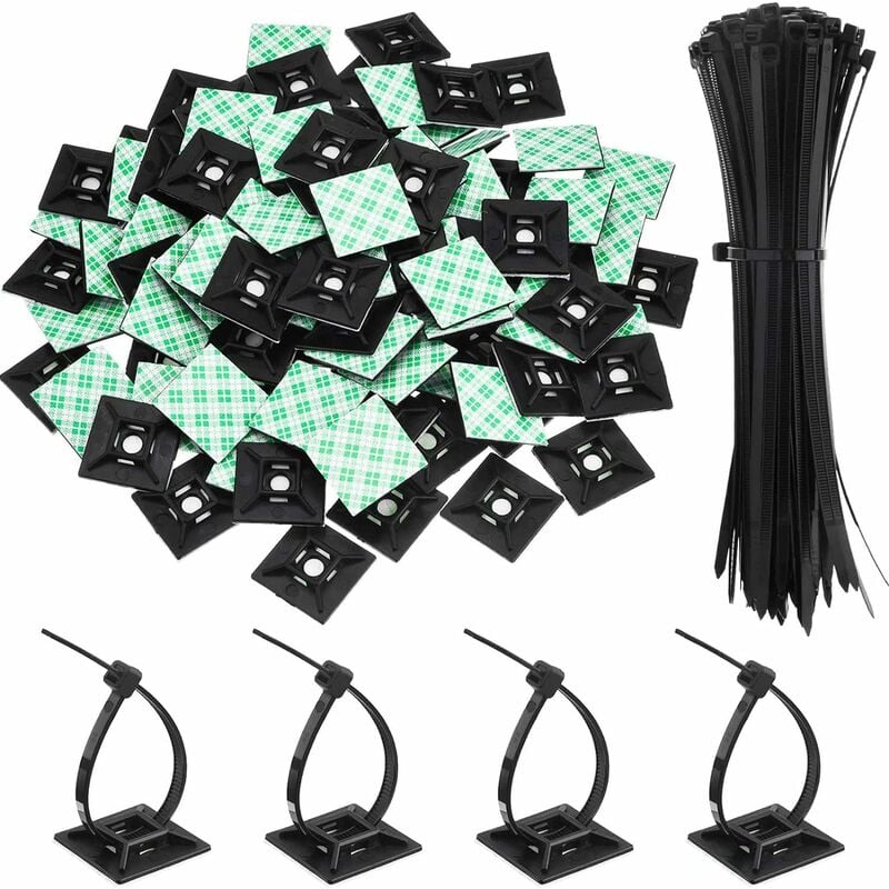 Paquet de 100 Zip Tie Adhésifs Supports Auto-Adhésifs Supports de Base de Serre-Câbles avec Attache-Câble Universel à Usages Multiples Noir (Longueur