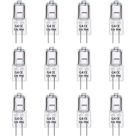 Paquet de 12 Ampoules Halogènes G4 12V 20W, Intensité Variable, Blanc Chaud 2700K, 280LM, Lampe Halogène Basse Tension G4, Capsule Transparente, Pour Lustre, Placards, Plafonniers