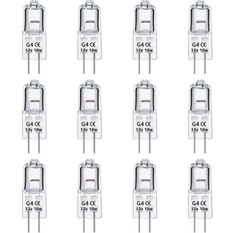 Paquet de 12 Ampoules Halognes G4 12V 10W, Intensité Variable, Blanc Chaud 2700K, 140LM, Lampe Halogène Basse Tension G4, Capsule Transparente, Pour Lustre, Placards, Plafonniers