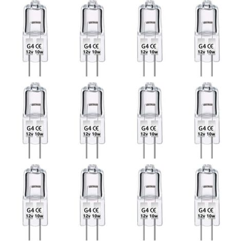 Paquet de 12 Ampoules Halognes G4 12V 10W, Intensité Variable, Blanc Chaud 2700K, 140LM, Lampe Halogène Basse Tension G4, Capsule Transparente, Pour Lustre, Placards, Plafonniers