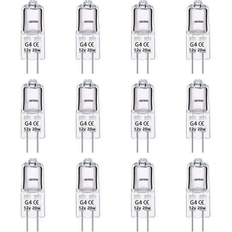 Paquet de 12 Ampoules Halognes G4 12V 20W, Intensité Variable, Blanc Chaud 2700K, 280LM, Lampe Halogène Basse Tension G4, Capsule Transparente, Pour Lustre, Placards, Plafonniers