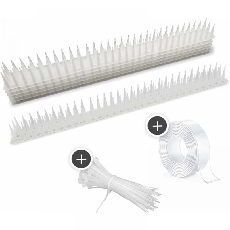 Cyslmuk - Paquet de 12 (Blanc) – Plus de 5 m – Répulsif anti-oiseaux à pointes extra hautes pour balcons, clôtures et toits – avec ruban imperméable