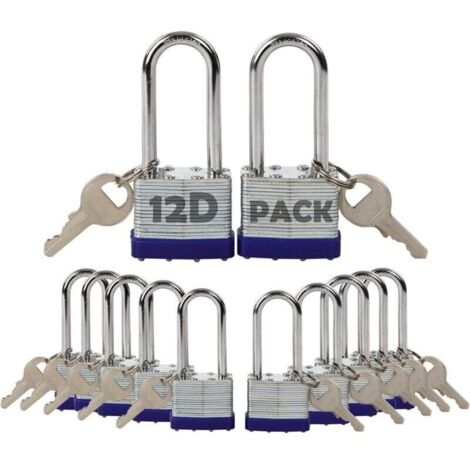 Paquet de 12 cadenas à clé identique avec 14 pièces identiques, anse extra longue, corps en acier laminé robuste de 1-9/16" 40 mm, antirouille, pour casier extérieur et intérieur, clôture, portail, o