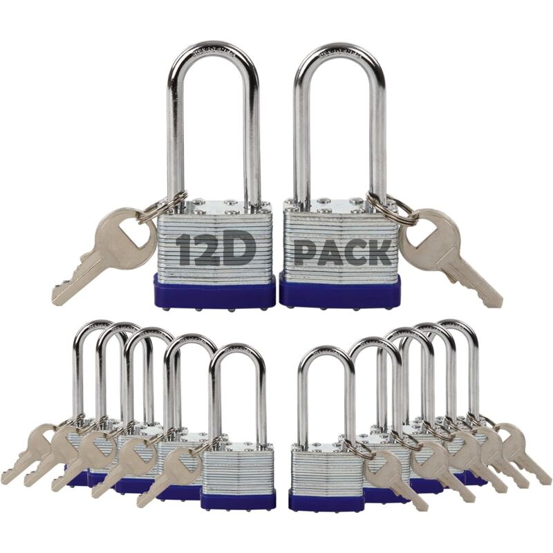 Paquet de 12 cadenas à clé identique avec 14 pièces identiques, anse extra longue, corps en acier laminé robuste de 1-9/16' 40 mm, antirouille, pour