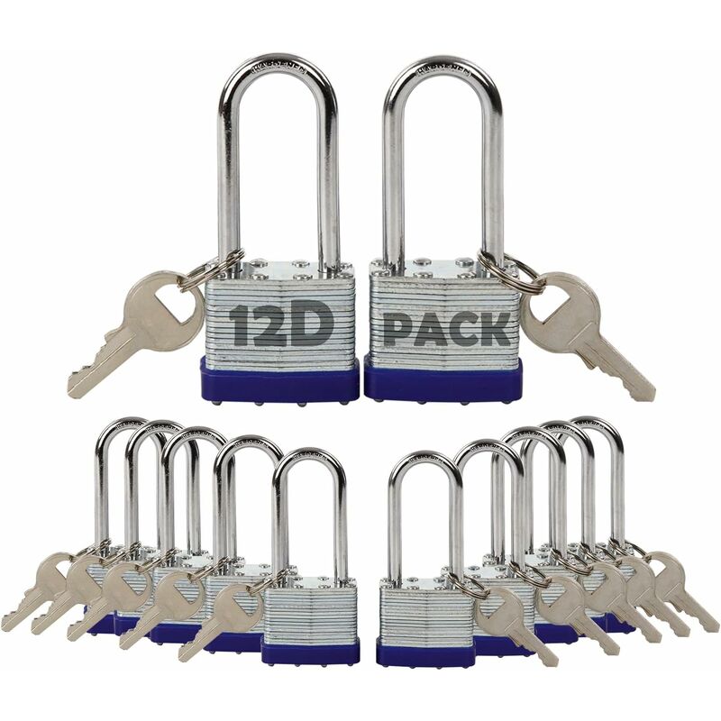 Paquet de 12 cadenas à clé identique avec 14 pièces identiques, anse extra longue, corps en acier laminé robuste de 1-9/16' 40 mm, antirouille, pour