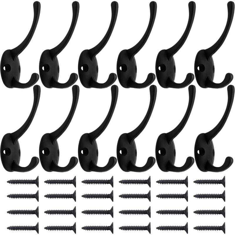 Paquet de 12 patères noires à fixation murale avec 24 vis, crochets doubles rétro, crochets noirs utilitaires pour manteau, écharpe, sac, serviette,