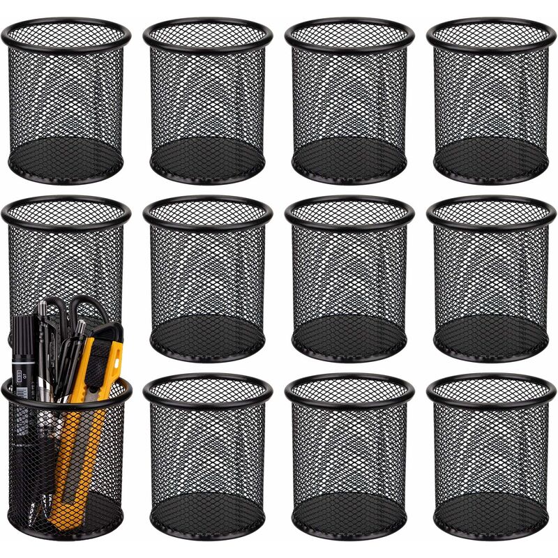 Paquet de 12 porte-stylos en métal porte-crayon en maille organisateur de bureau tasse à stylo ronde en maille tasse à crayons pour organisateur de