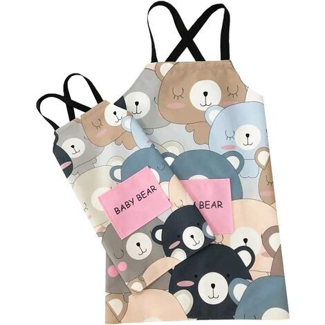 Paquet de 2 Cartoon Coton Tablier Ours Mignon Parent et Tablier Enfant, Fils Père Mère Fille Adulte et Assortis Kid pour la Cuisson, Cuisson, Peinture, Café, Fête