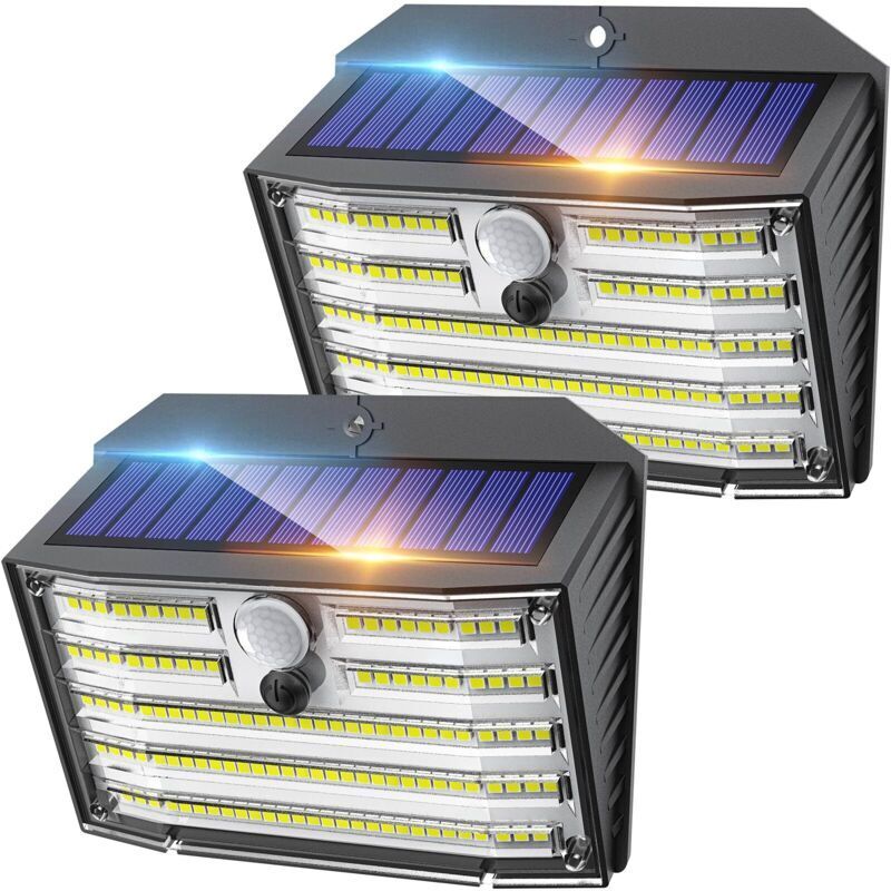 Paquet de 2 lampes solaires d'extérieur 126 LED, lumières sans fil avec détecteur de mouvement, étanche IP65, 3 Modes, Angle d'éclairage de 270 °