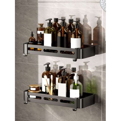 Paquet de 2 paniers de douche d'angle, panier de douche de salle de bain, étagères adhésives murales avec crochets, noir