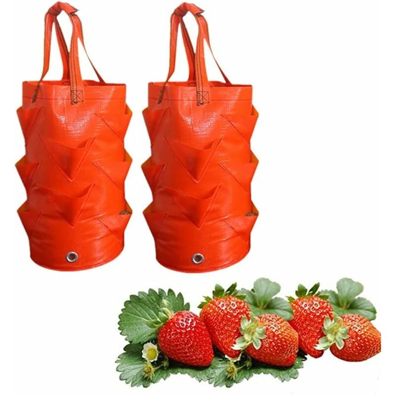Paquet de 2 sacs de culture de fraises (rouges, 3 gallons) avec 8 trous pour fraises, pommes de terre, tomates, fleurs et légumes - orange