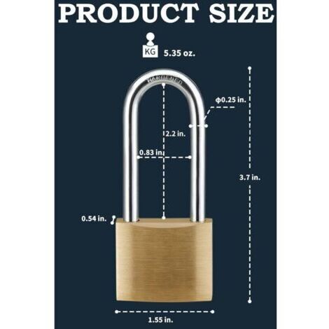 Paquet de 2, serrure et clé en laiton massif, cadenas avec corps de serrure de 1-9/16 po. (40 mm) de large, 2-1/2 po. Cadenas de portail à anse longue pour clôture extérieure, abris de jardin