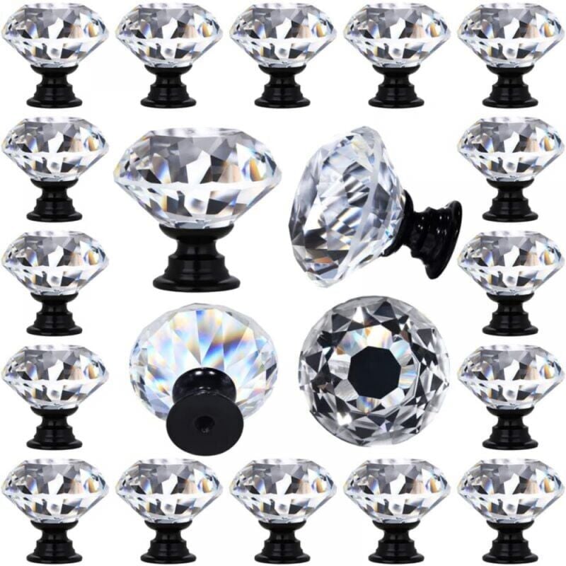 Paquet de 20 poignées de tiroir en verre cristal transparent, décorées de diamants, poignées de vanité de cuisine, base noire de 30mm (1-1/4 ')