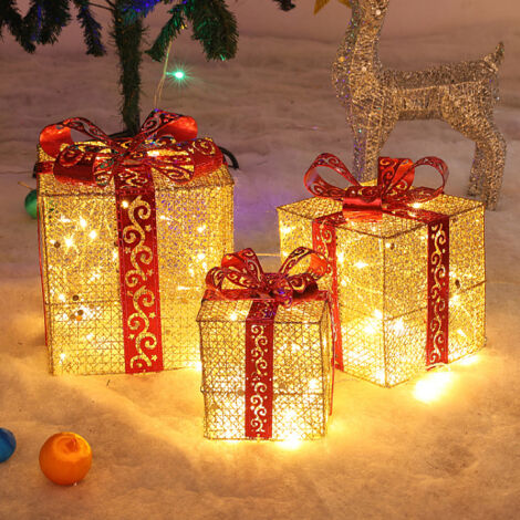 Paquet de 3 boîtes cadeaux de noël, fournitures de décoration de scène de vacances enveloppées de fil de soie, ornement de noël, doré, USB
