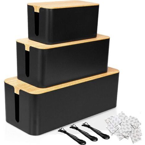 Paquet de 3 boîtes de dissimulation de câbles, grande boîte de rangement de câbles avec couvercle en bois, boîte de dissimulation de multiprise pour protéger les câbles et les prises – Noir/grain de b